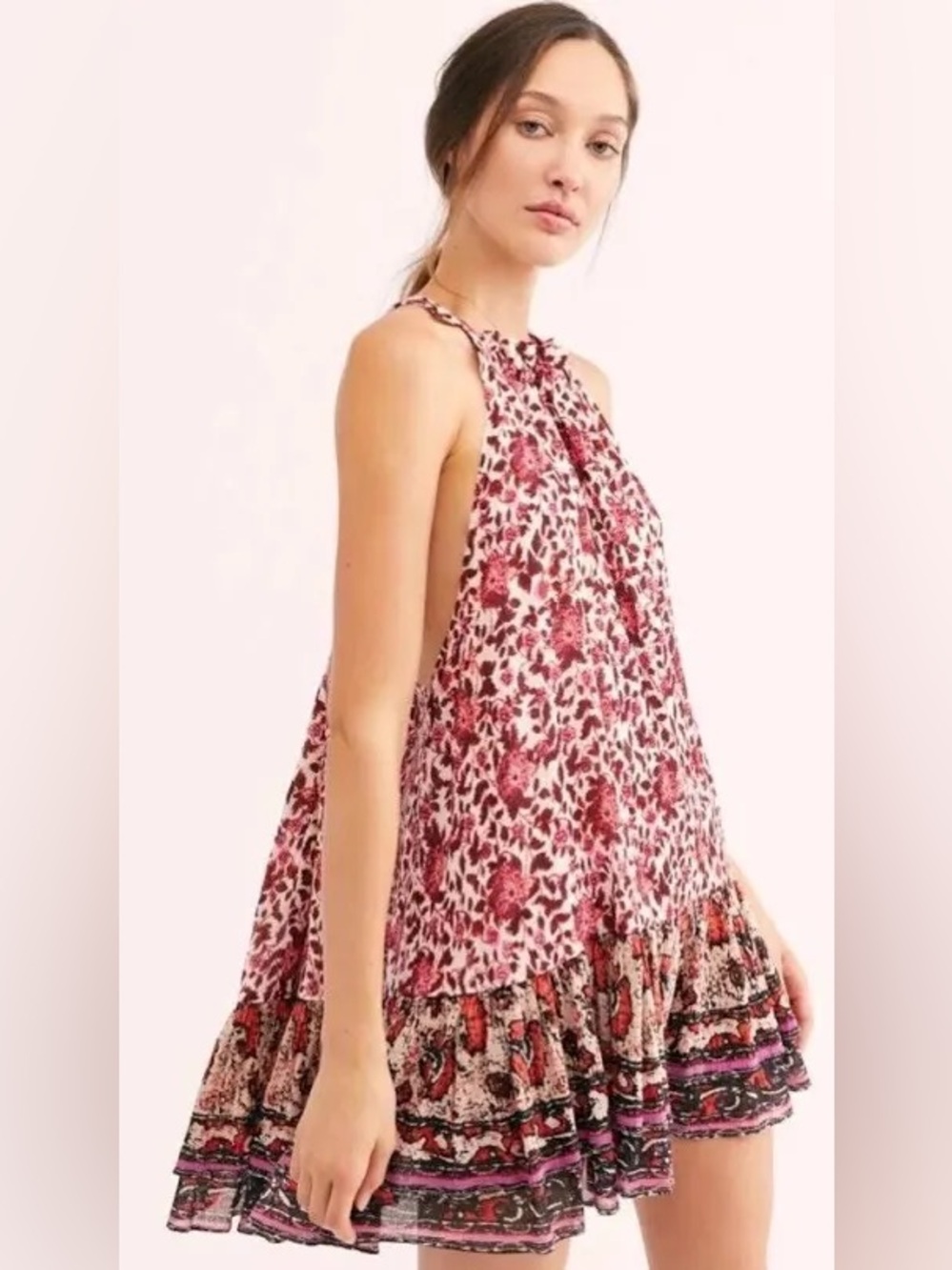 Free People Pink and Red Floral Halter Tiered Dress